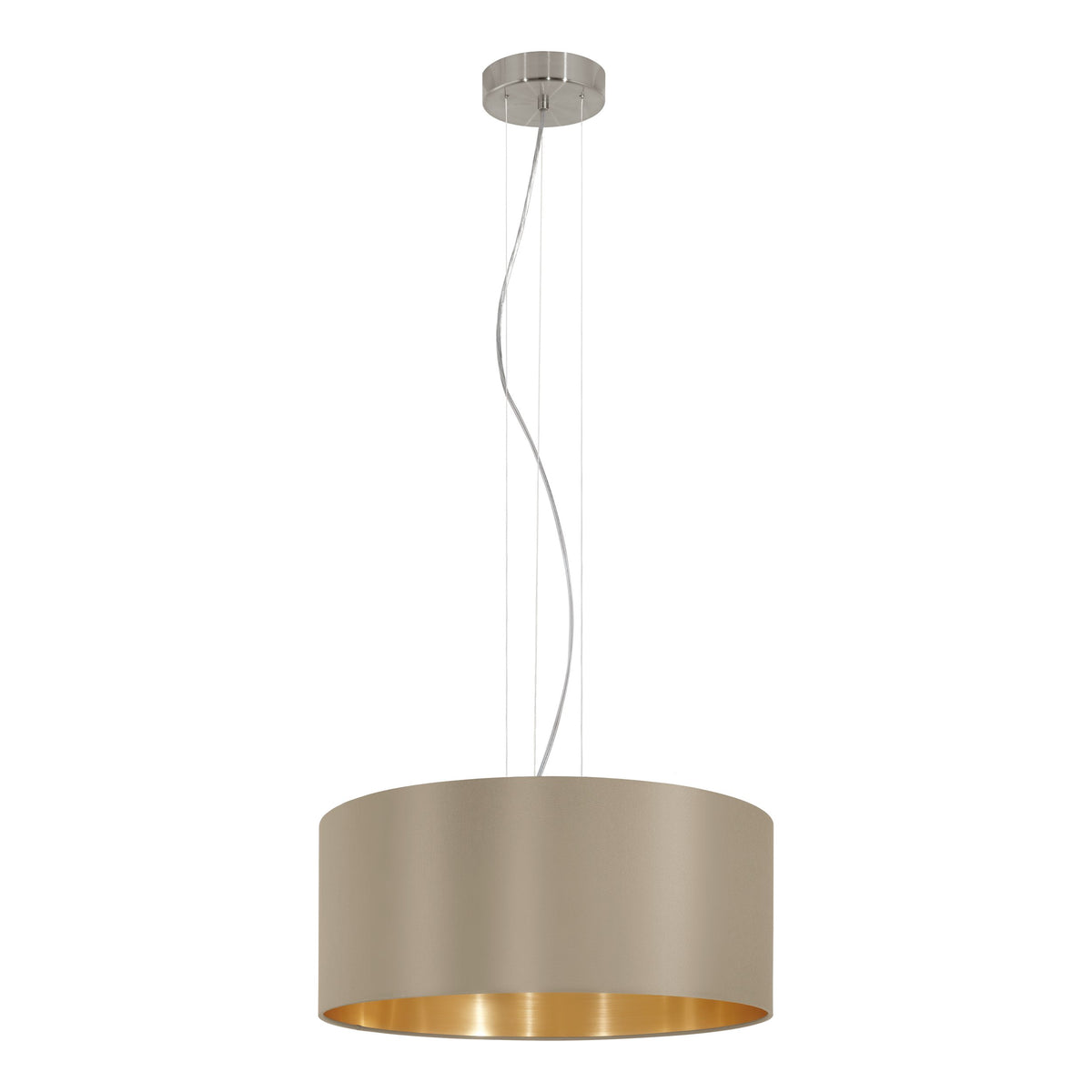 Vue centrée de la suspension avec câbles et abat-jour cylindrique beige.