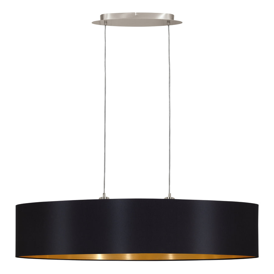 Luminaire suspendu vu de face avec deux câbles fins et abat-jour tambour noir