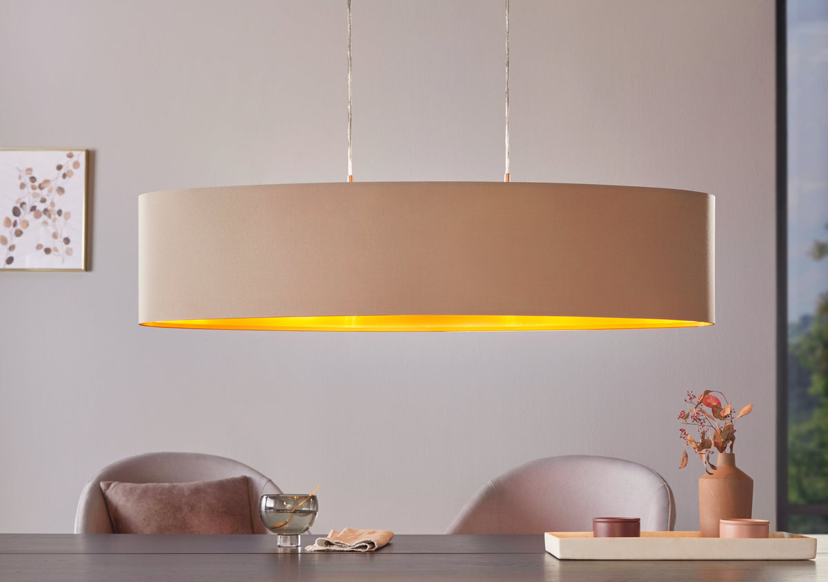 Suspension Maserlo 2 lumières taupe et dorée, tissu