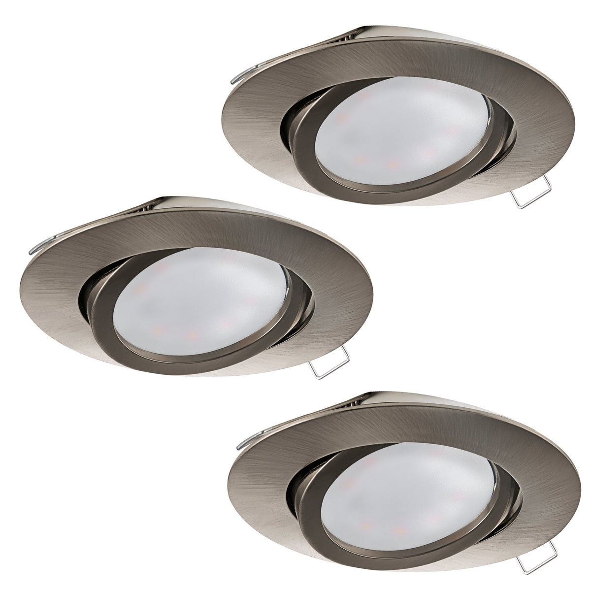 Trois spots encastrables orientables en nickel satiné présentés côte à côte sur fond blanc.