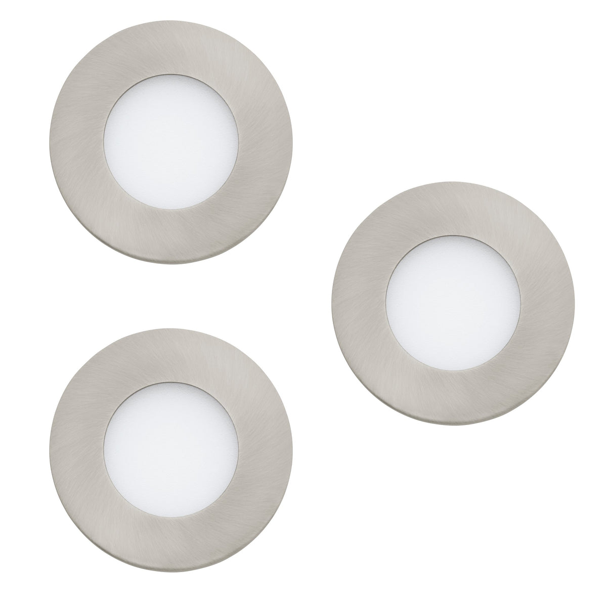 Trois spots encastrables ronds en nickel satiné, vus de face sur fond blanc.