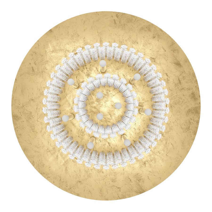 Vue de dessous du luminaire doré, cercles concentriques de cristaux et douilles apparentes.