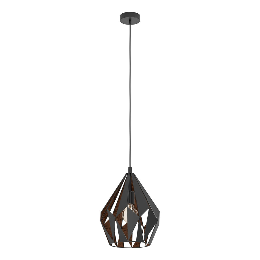 Luminaire suspendu présenté de face, abat-jour facetté et ampoule visible