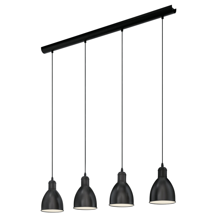 Vue en perspective du luminaire suspendu avec ses quatre cônes noirs et câbles