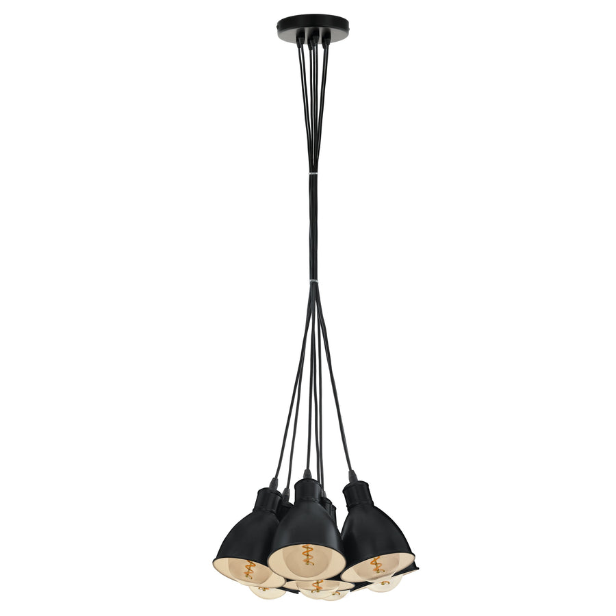 Suspension noire et blanche montrant les douilles et ampoules apparentes.