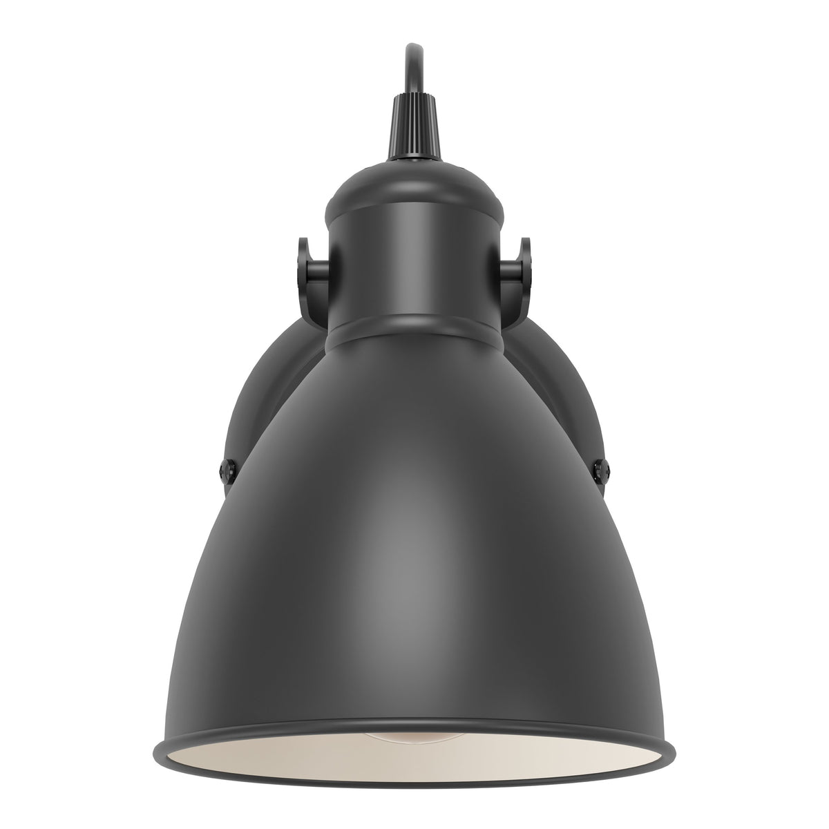 Vue de face de la coupole noire avec ampoule à filament et intérieur clair.