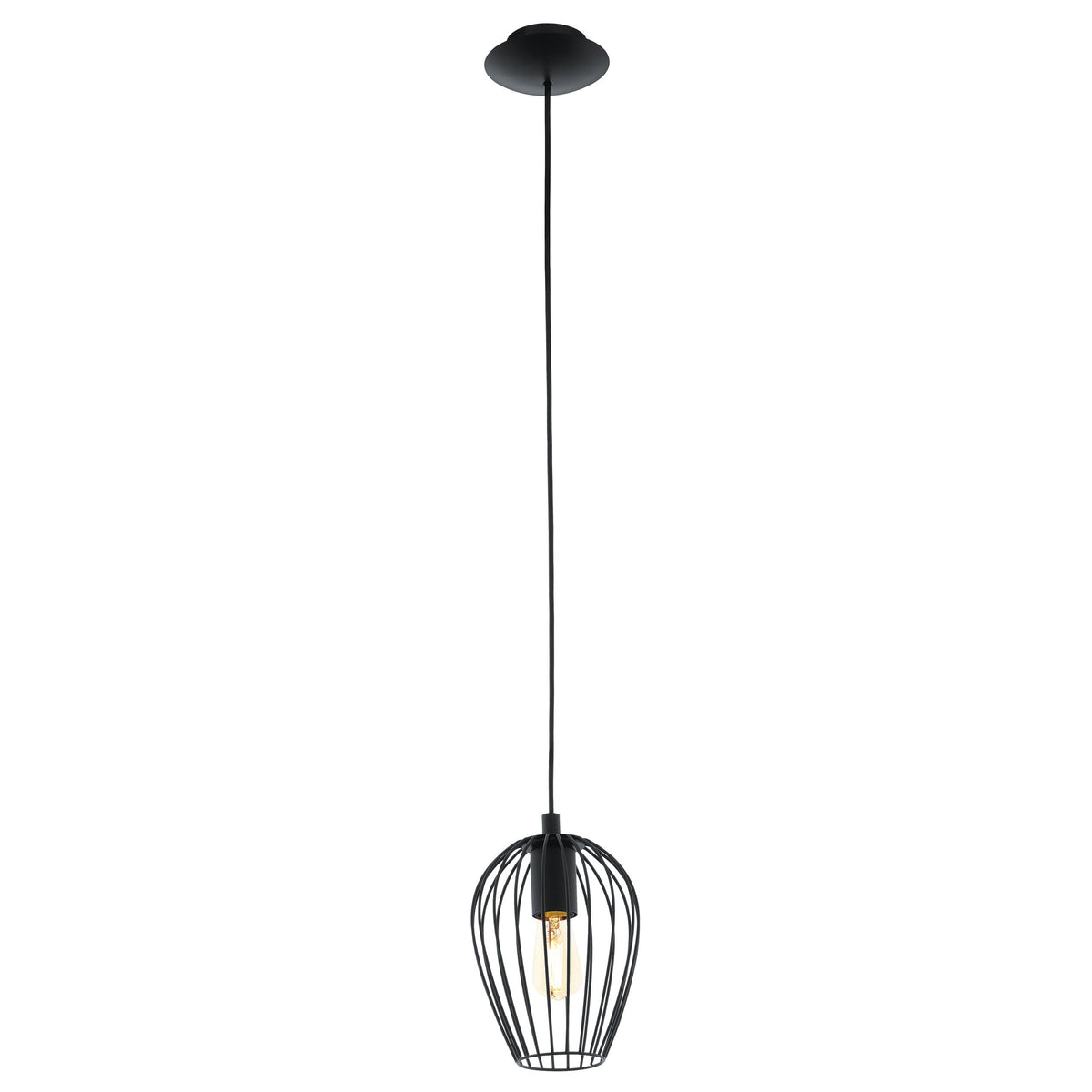 Autre vue du luminaire suspendu noir, cage métallique et ampoule transparente sur fond blanc.
