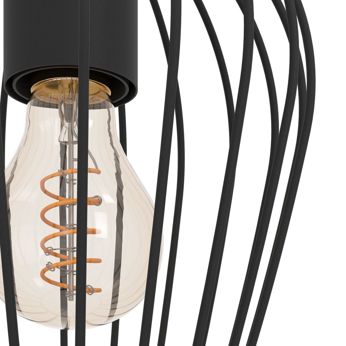 Détail rapproché de l'ampoule à filament et de la douille dorée dans sa cage