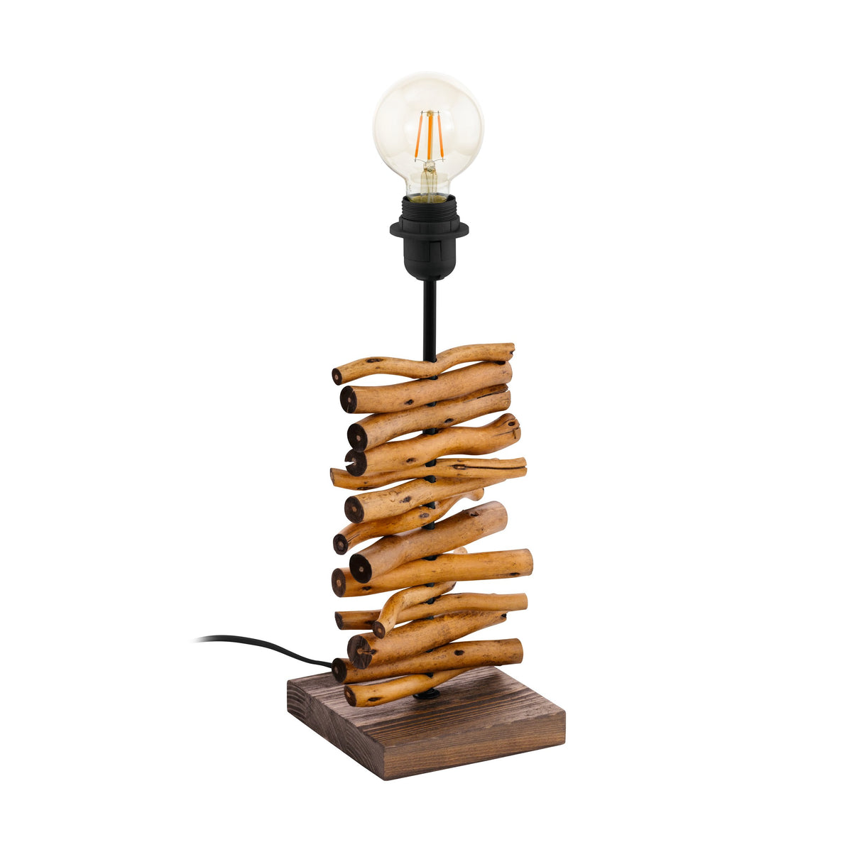 Lampe à poser en bois avec ampoule globe, câble apparent et base carrée.