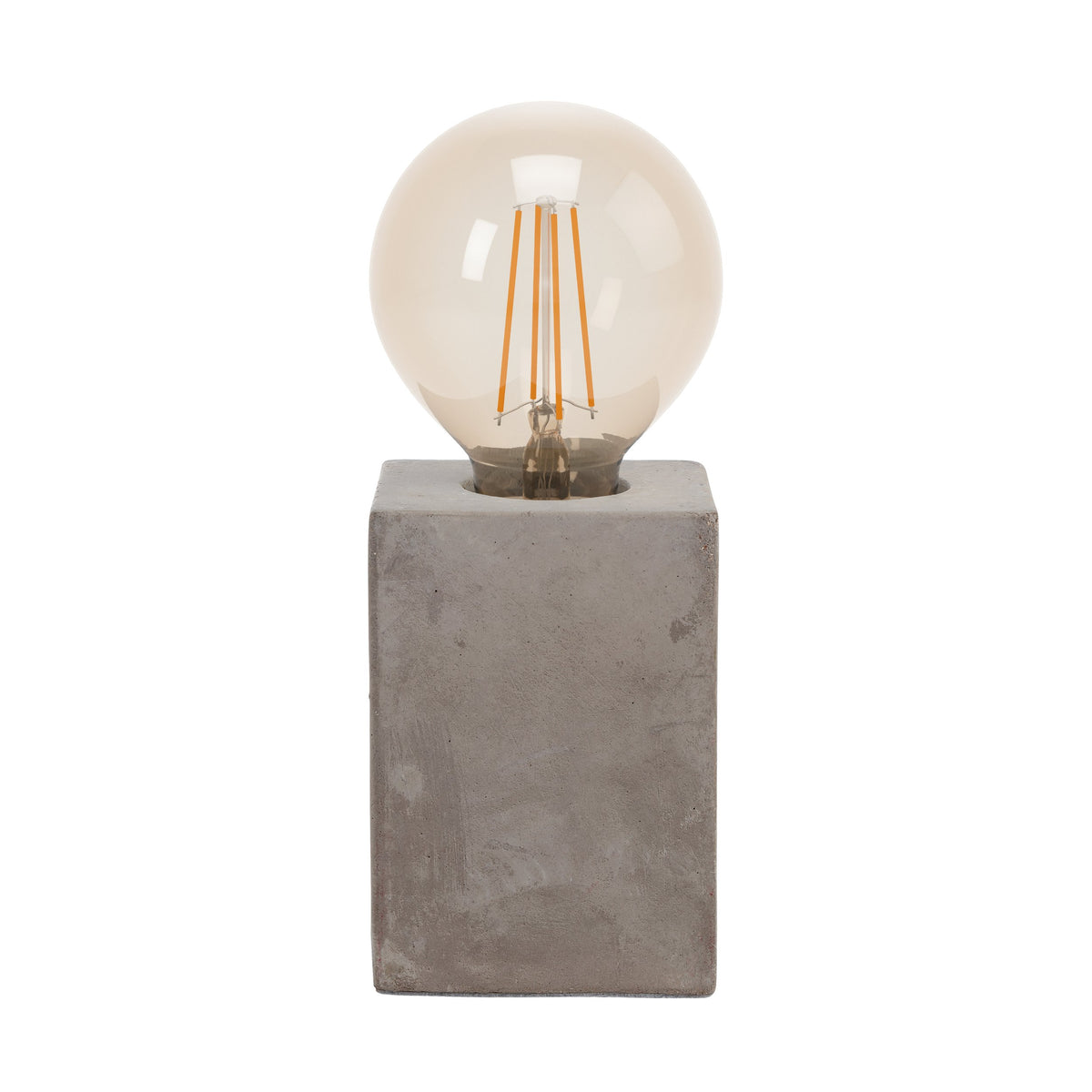 Même lampe équipée d'une ampoule ronde au verre teinté ambré, face sur fond blanc