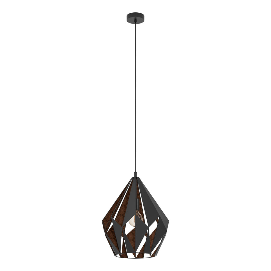 Vue de face du luminaire suspendu, abat-jour facetté noir et intérieur cuivré