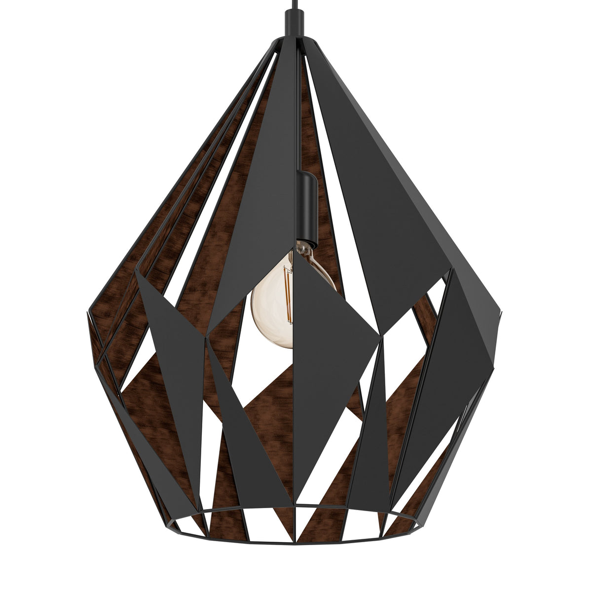 Détail rapproché de l'abat-jour aux panneaux triangulaires noirs et doublure cuivrée