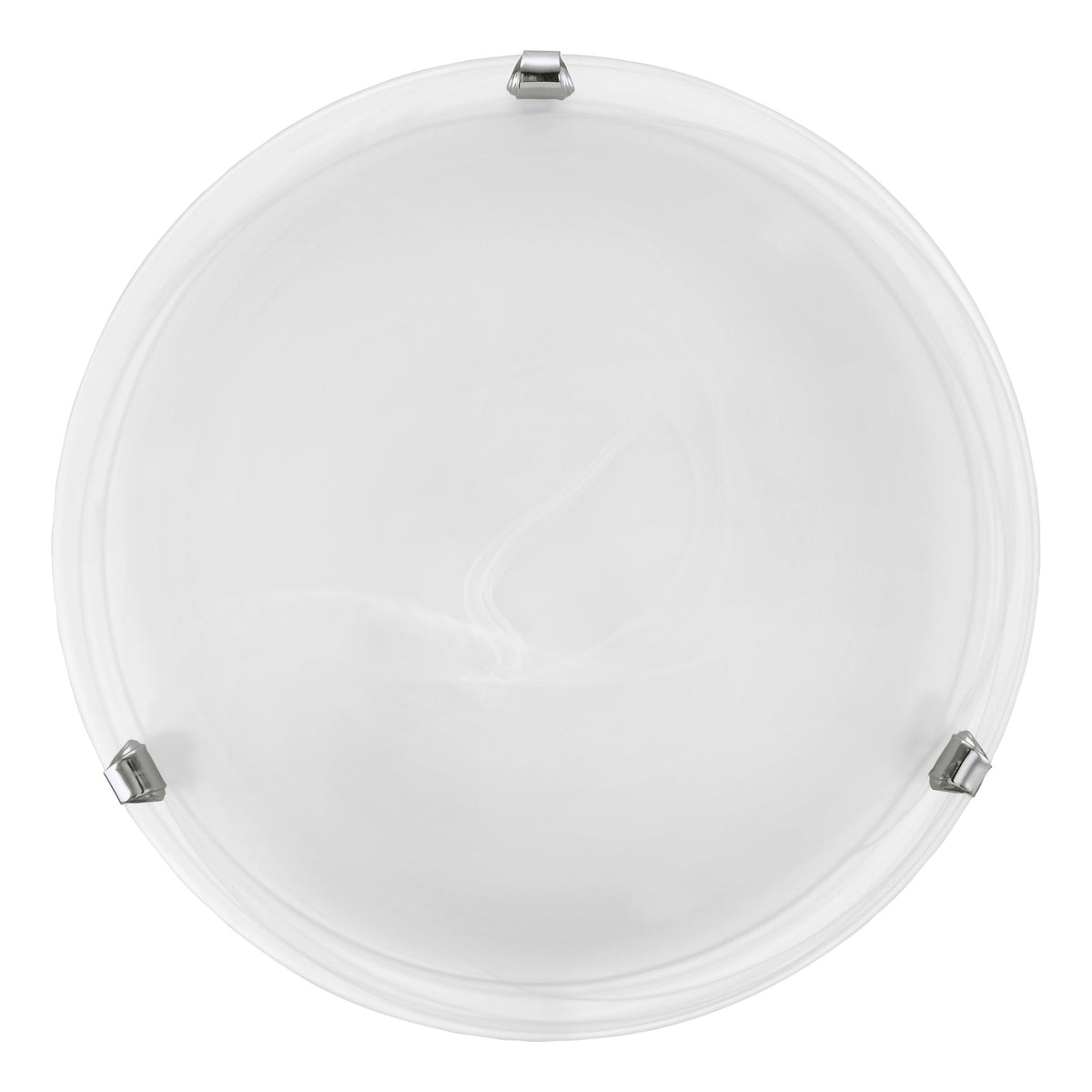 Vue frontale du diffuseur rond blanc laiteux et de ses brides chromées