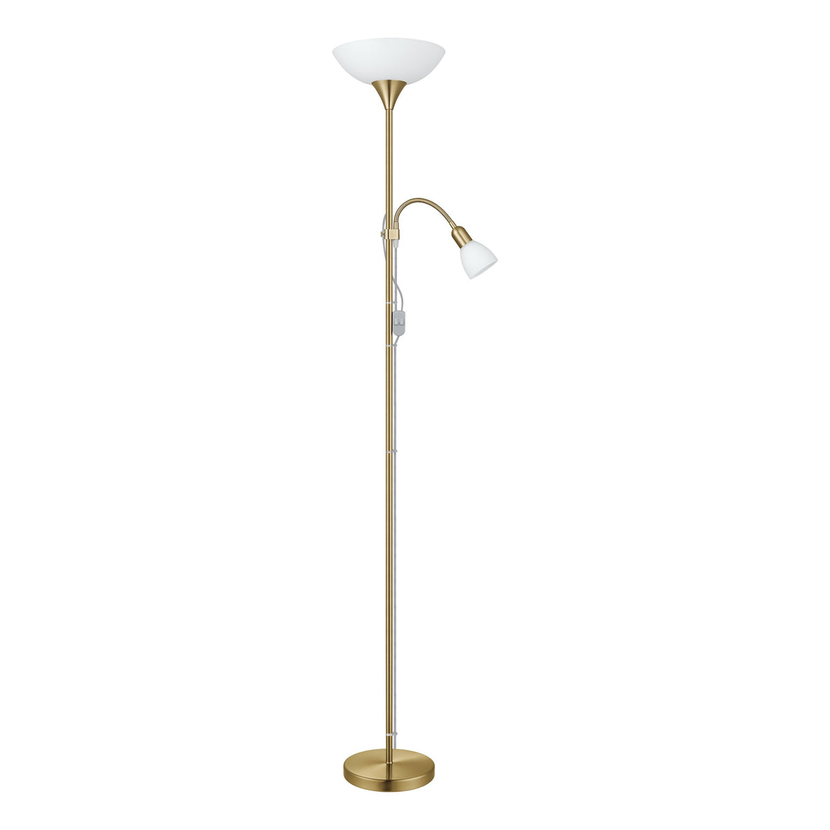 Vue de face du lampadaire sur fond blanc, tige fine et base ronde.