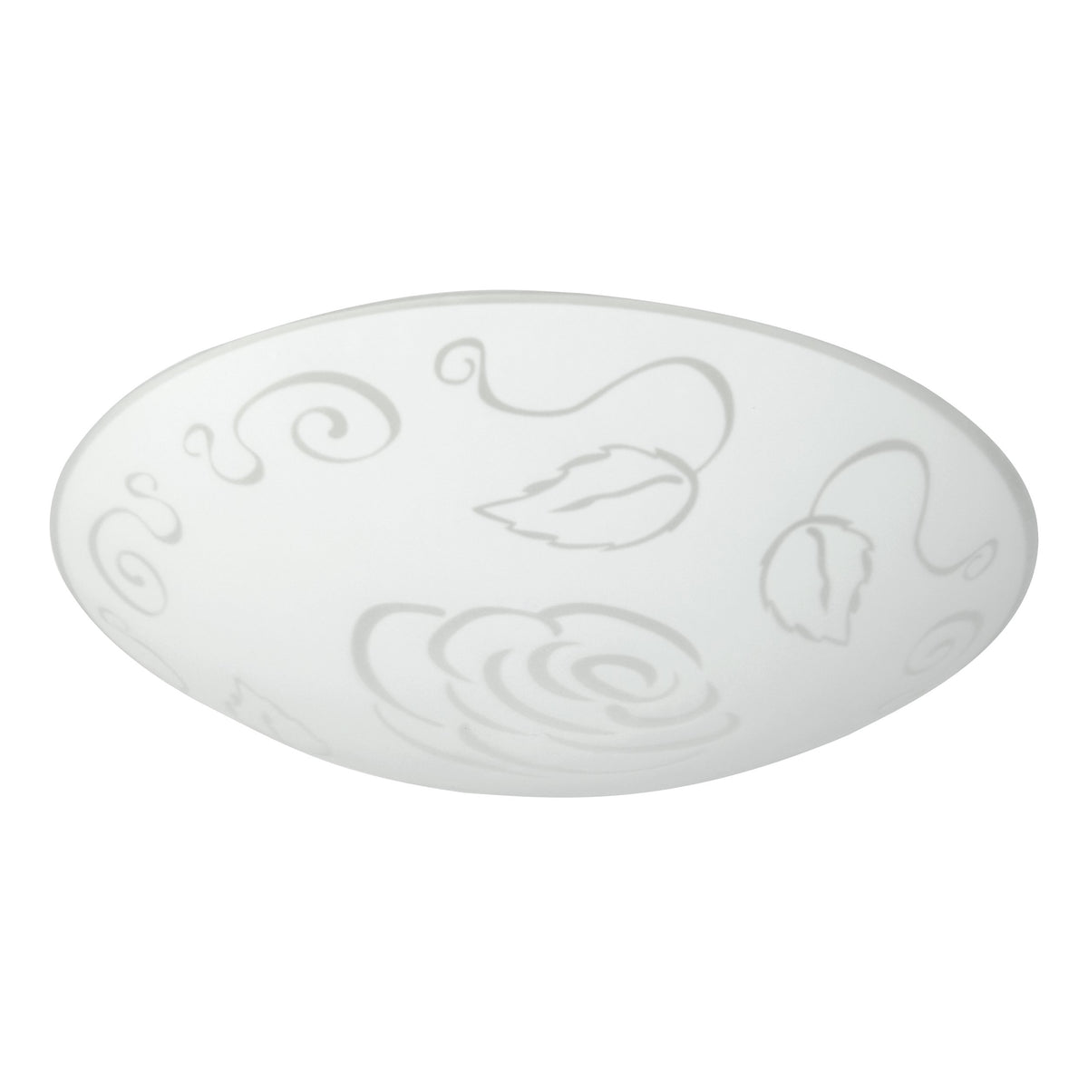 Vue de trois quarts du diffuseur bombé blanc, motif floral discret en transparence.