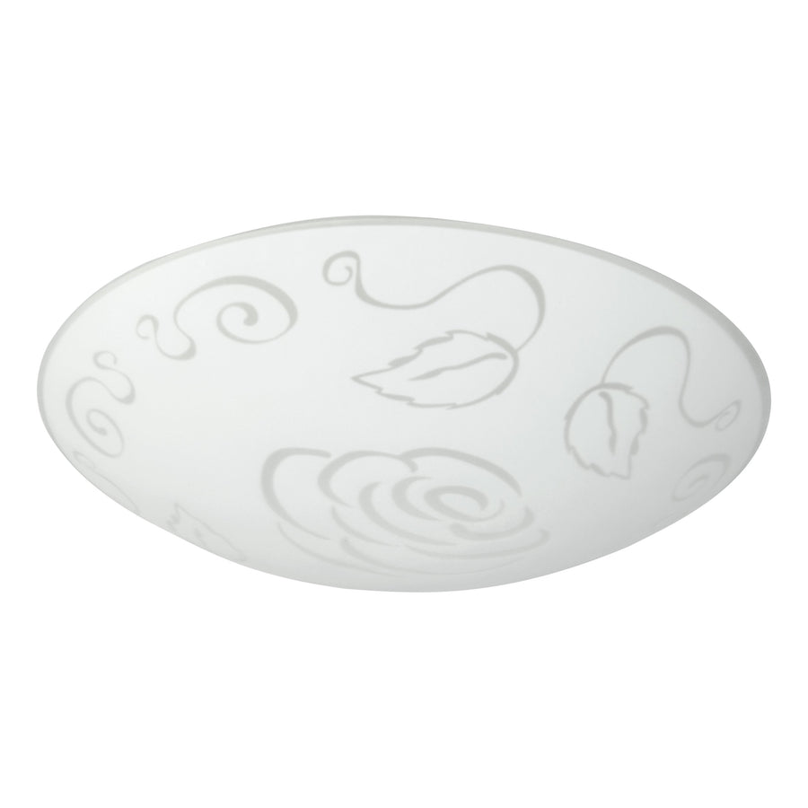 Vue de trois quarts du diffuseur bombé blanc, motif floral discret en transparence.
