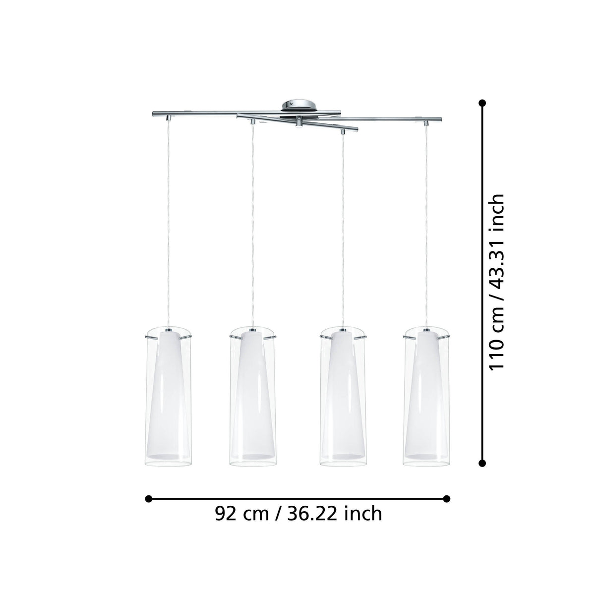 Schéma coté du luminaire suspendu, indiquant 110 cm de hauteur et 92 cm de largeur.