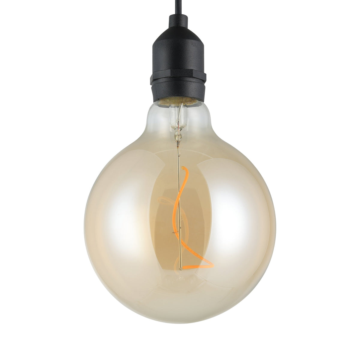 Gros plan de l'ampoule globe ambrée et de son filament LED orange en spirale