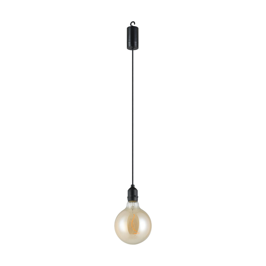 Suspension complète vue de face sur fond blanc, douille noire et ampoule ambrée