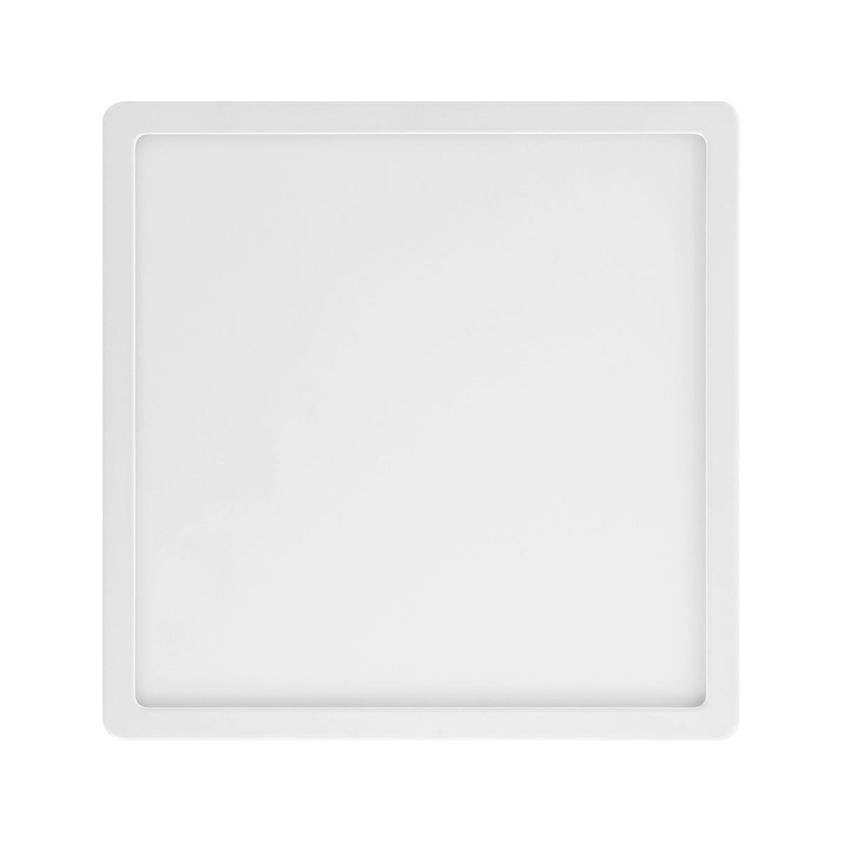 Vue de face d'un plafonnier carré blanc avec cadre et diffuseur opalin.