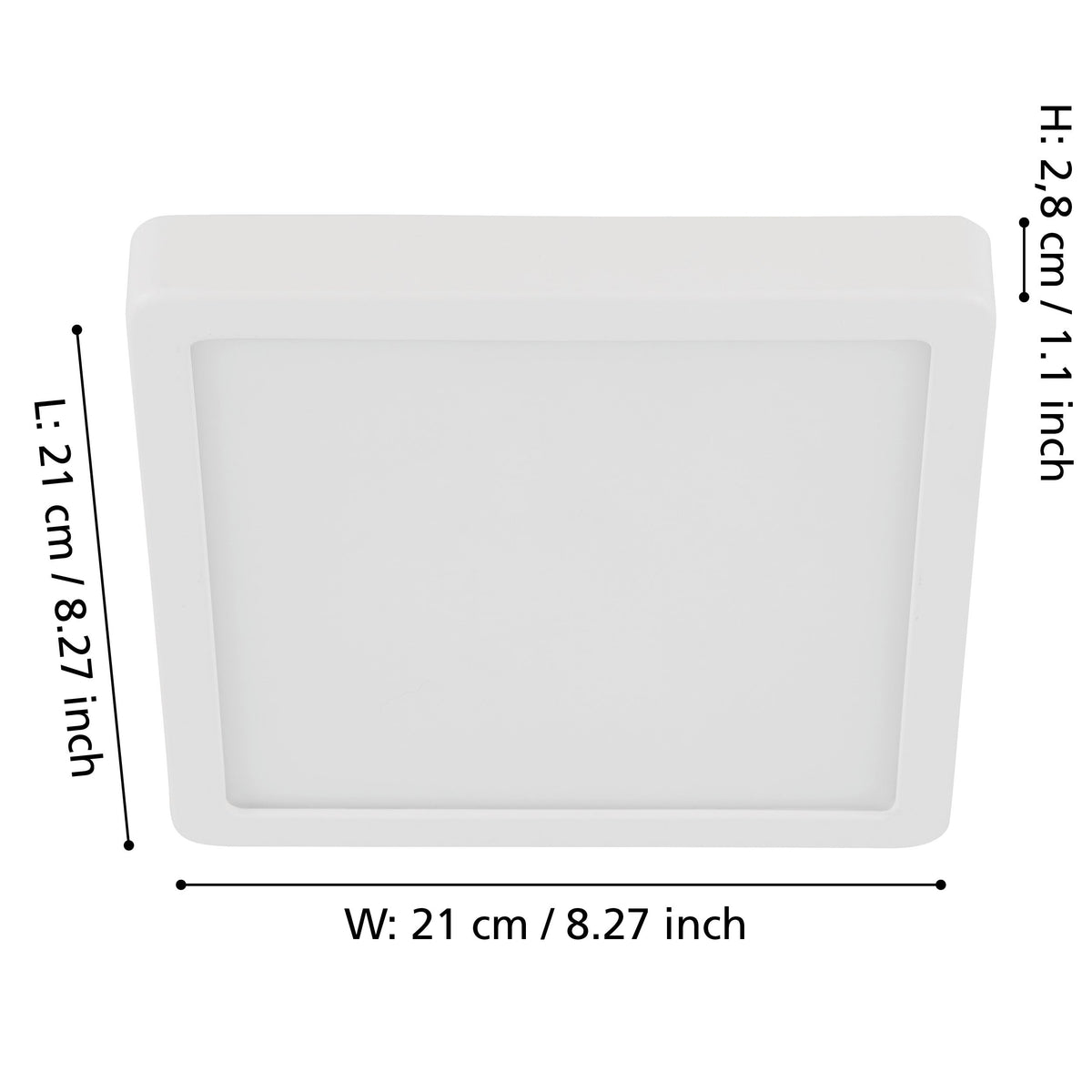 Schéma de dimensions indiquant 21 cm de côté et 2,8 cm d'épaisseur