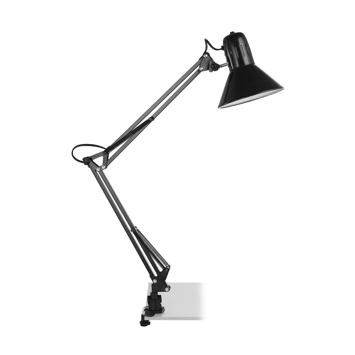 Lampe articulée noire vue en biais avec pince et ressorts apparents sur fond blanc