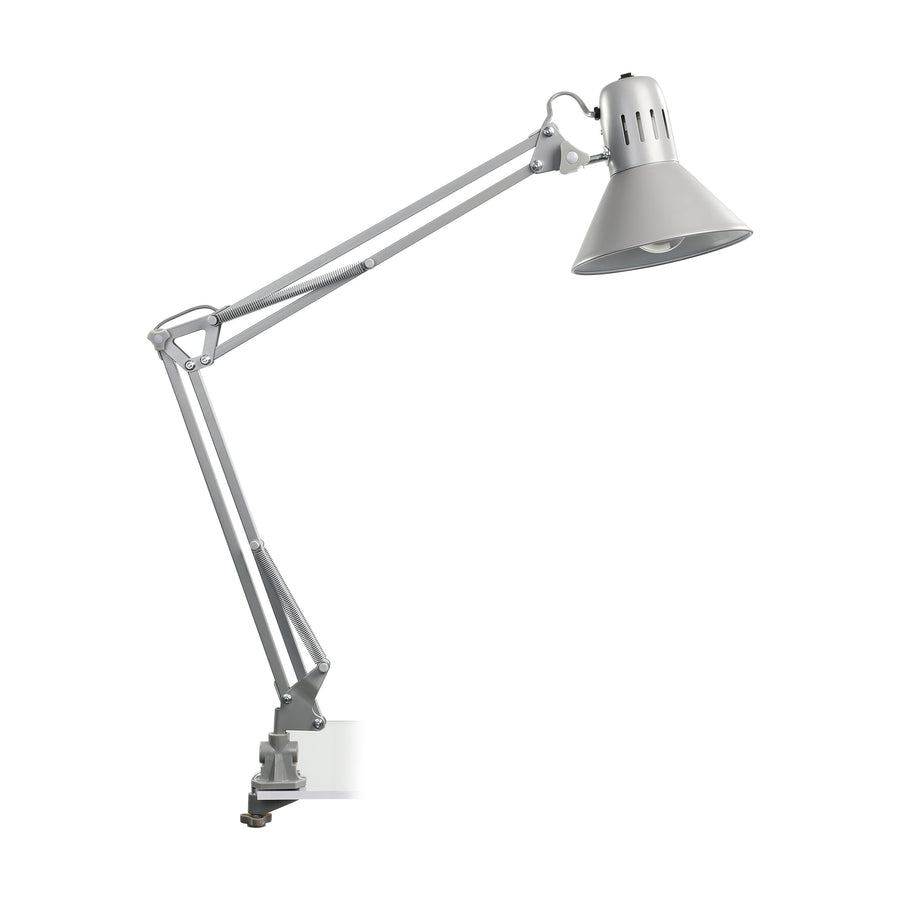Vue de profil de la lampe articulée argentée avec pince de fixation sur support blanc