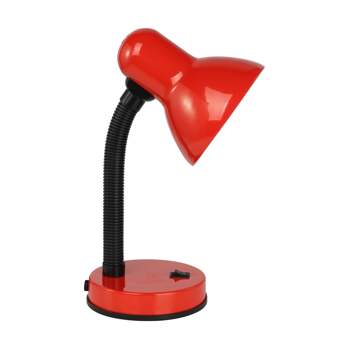 Vue de profil : bras noir annelé, base ronde rouge et interrupteur pivotant.