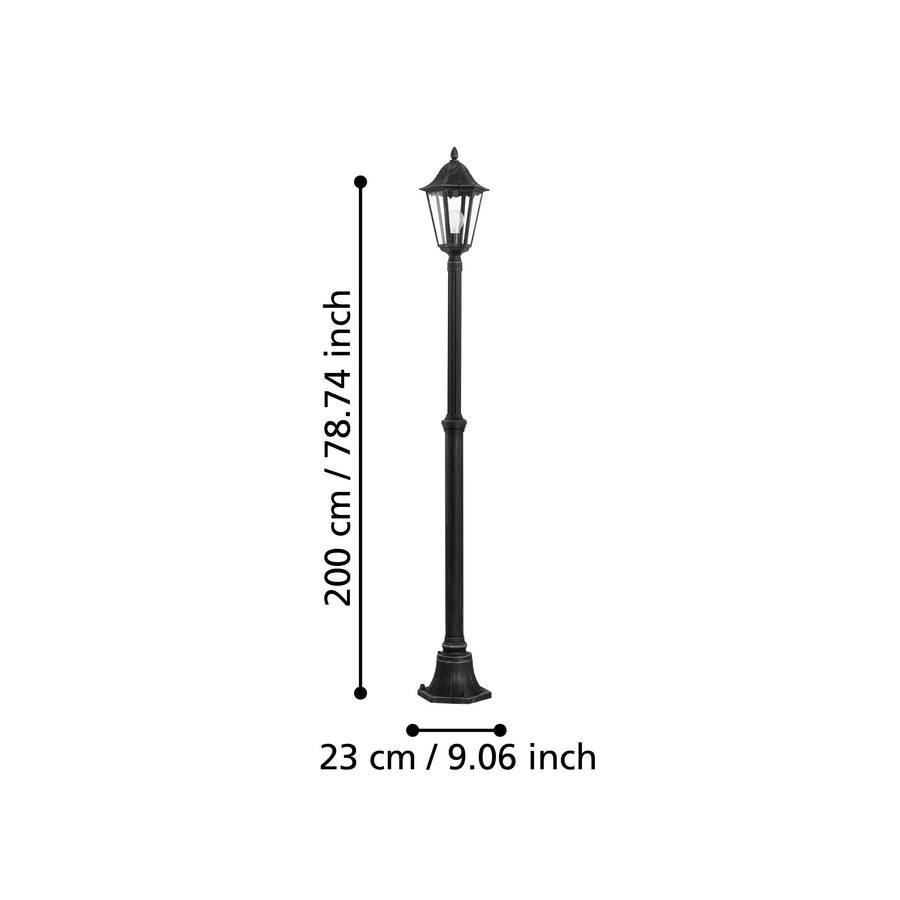 Schéma coté indiquant hauteur 200 cm et diamètre 23 cm du luminaire.
