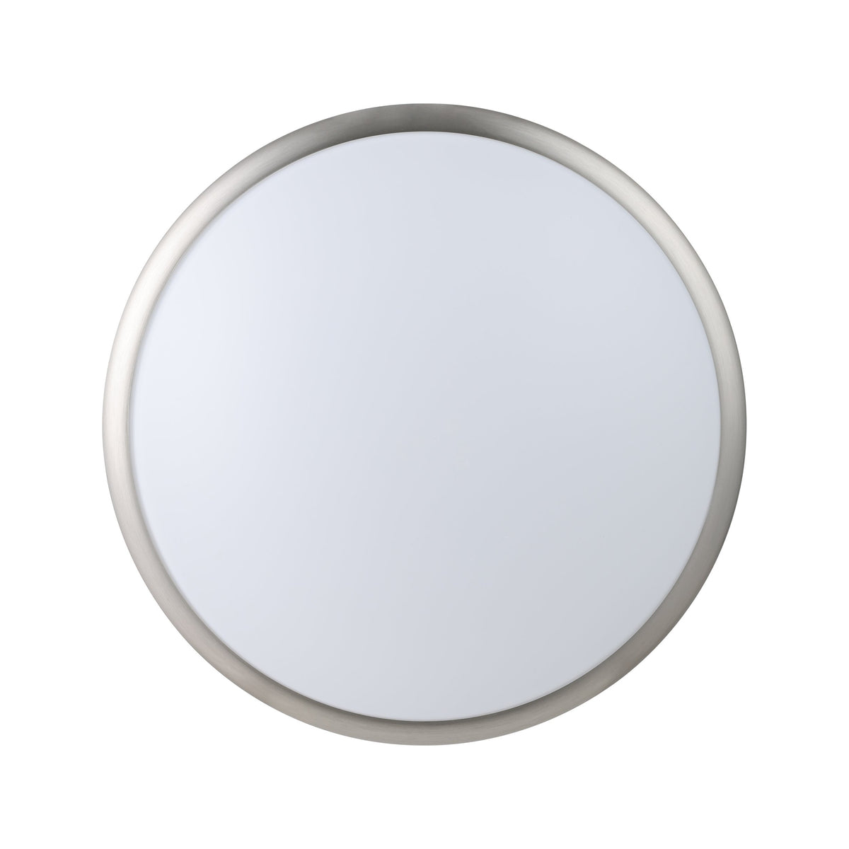 Vue de face du plafonnier rond, diffuseur blanc uniforme entouré d'un anneau satiné