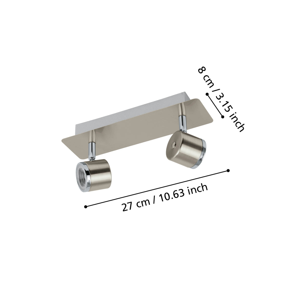 Schéma de dimensions du spot double : largeur 27 cm et profondeur 8 cm.
