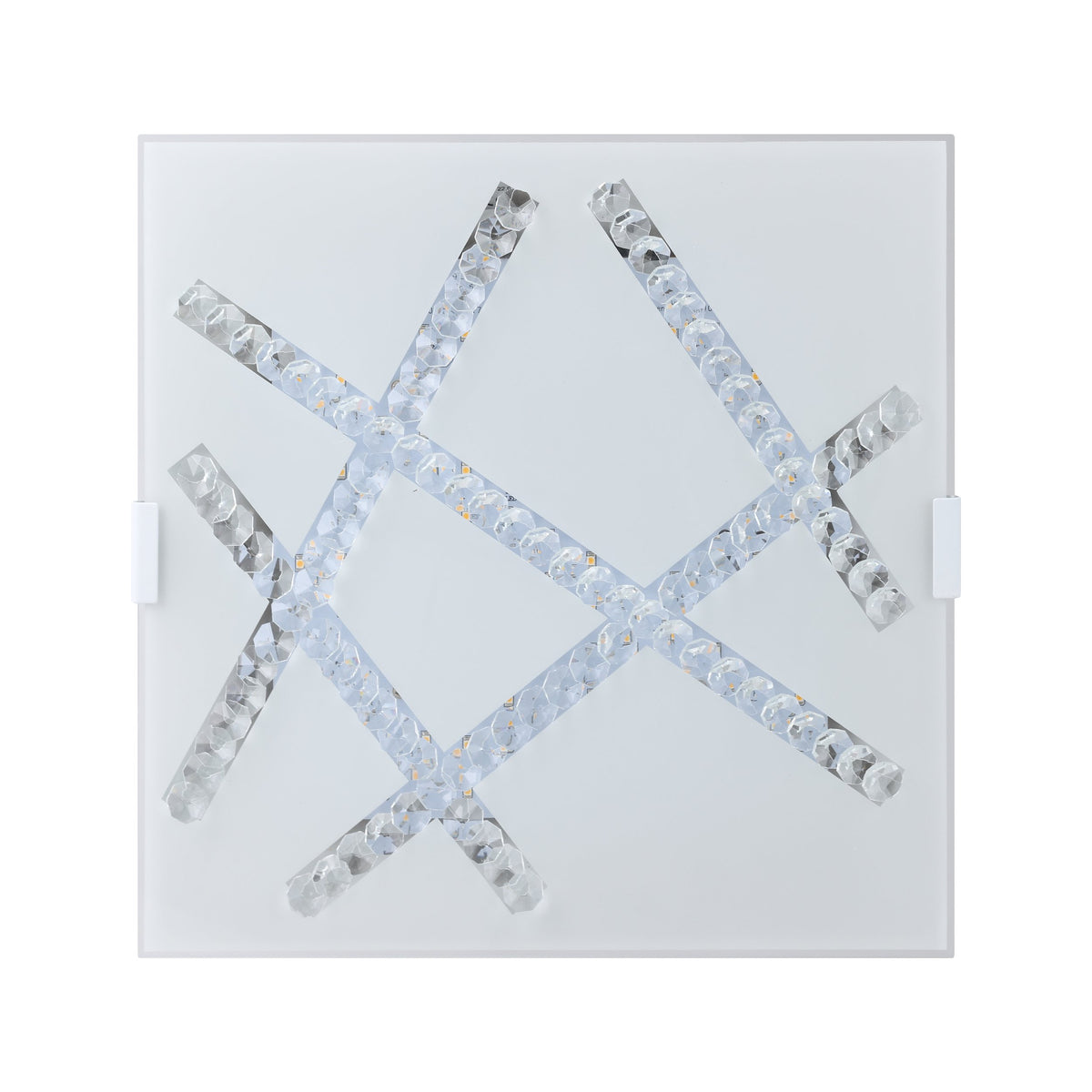 Vue de face du luminaire carré blanc avec croisillons en cristal sur fond blanc