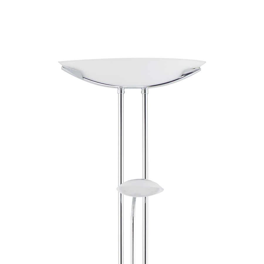 Détail du diffuseur blanc en verre et de la fixation chromée du bras