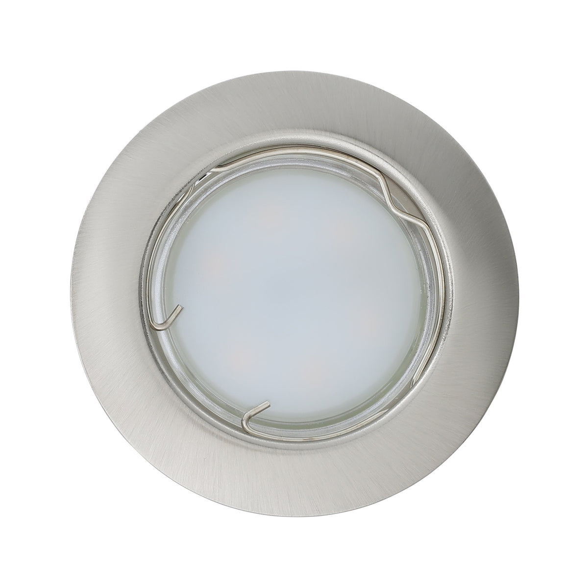Vue de dessus d'un spot rond éteint, cerclage nickel brossé et verre dépoli