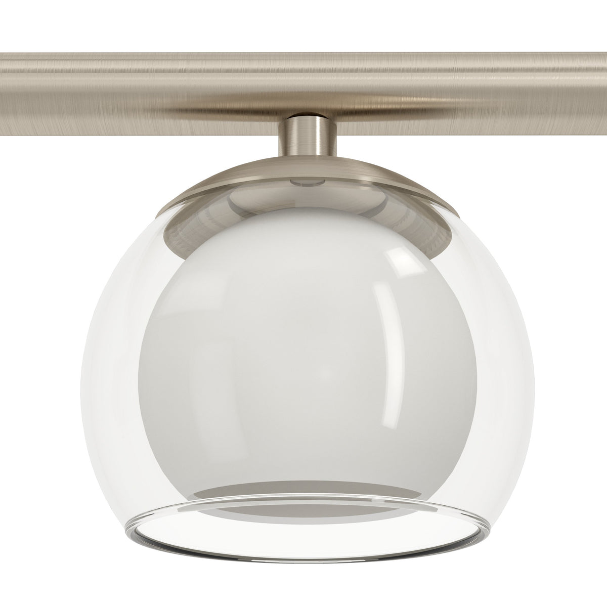 Gros plan sur un globe de verre et son diffuseur blanc, finition nickel brossé