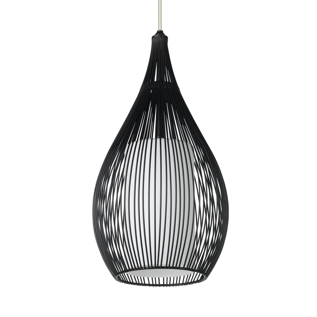 Gros plan sur un abat-jour : cage noire en fils et diffuseur en verre blanc