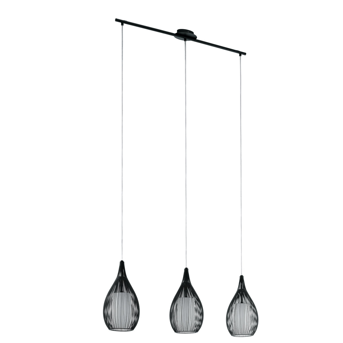 Vue produit sur fond blanc des trois suspensions noires de forme goutte alignées