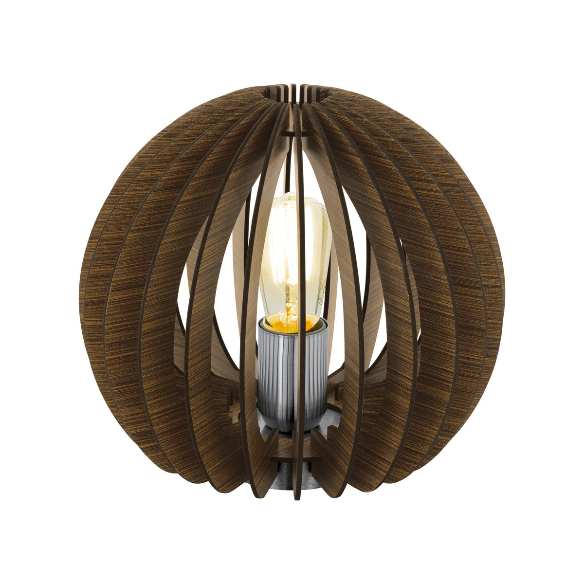 Même lampe allumée, lumière chaude traversant les lamelles de bois cintrées