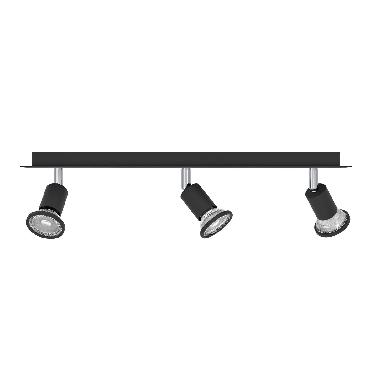 Vue de face du luminaire trois spots, platine rectangulaire noire et chrome
