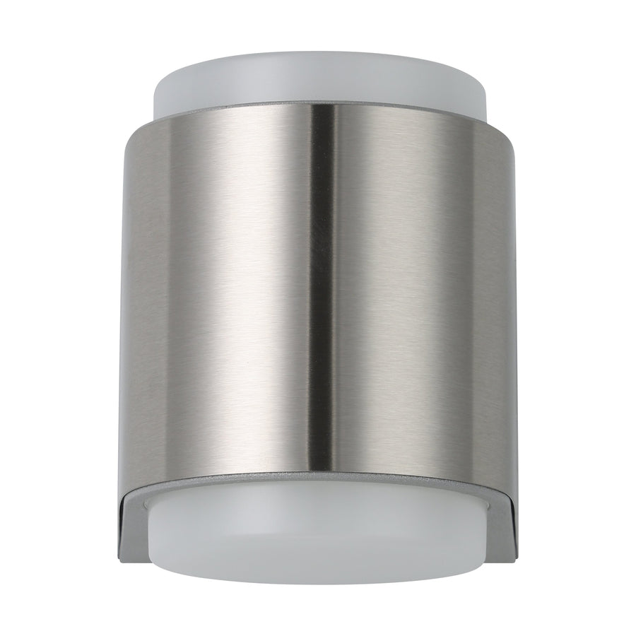 Vue frontale du cylindre en inox brossé avec diffuseurs blancs en haut et en bas.