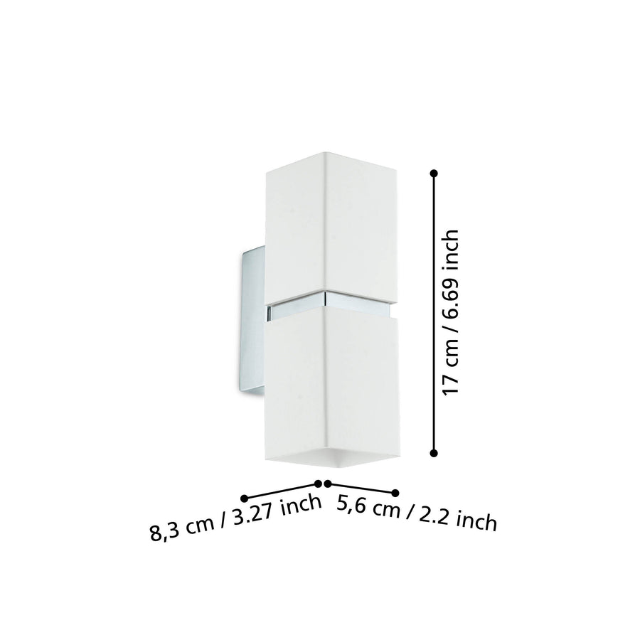 Schéma de dimensions du luminaire mural : hauteur 17 cm et largeurs indiquées.