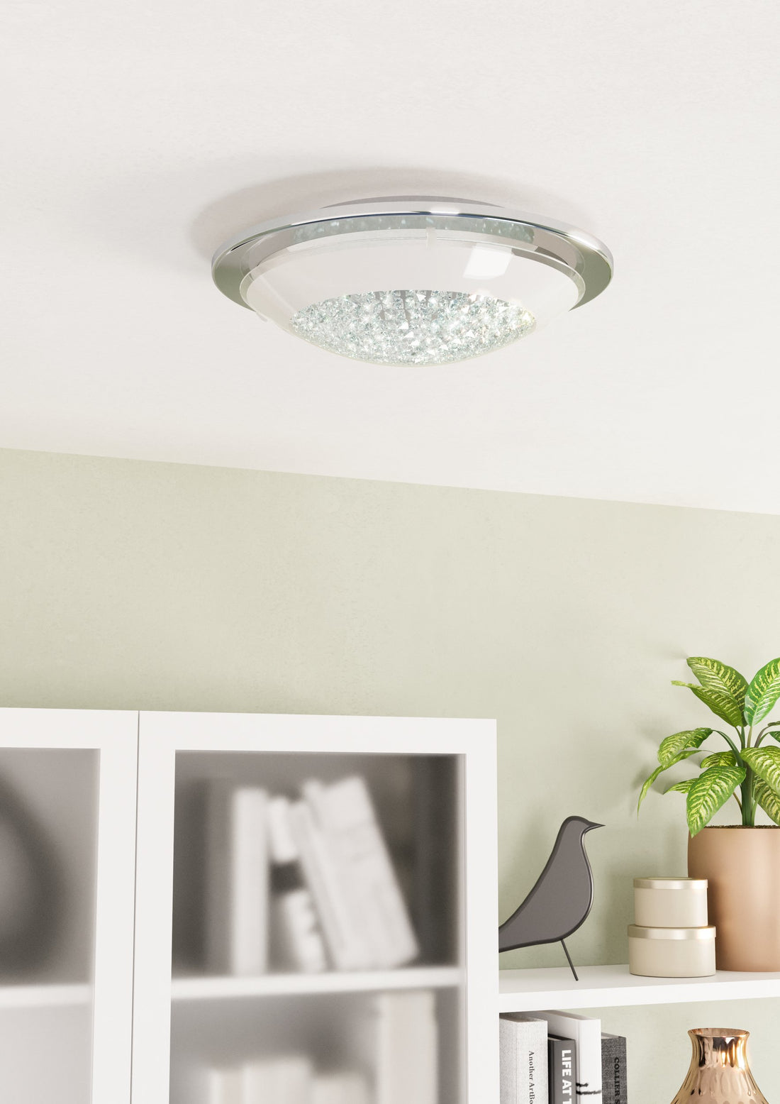 Plafonnier Acolla chromé et blanc, cristal
