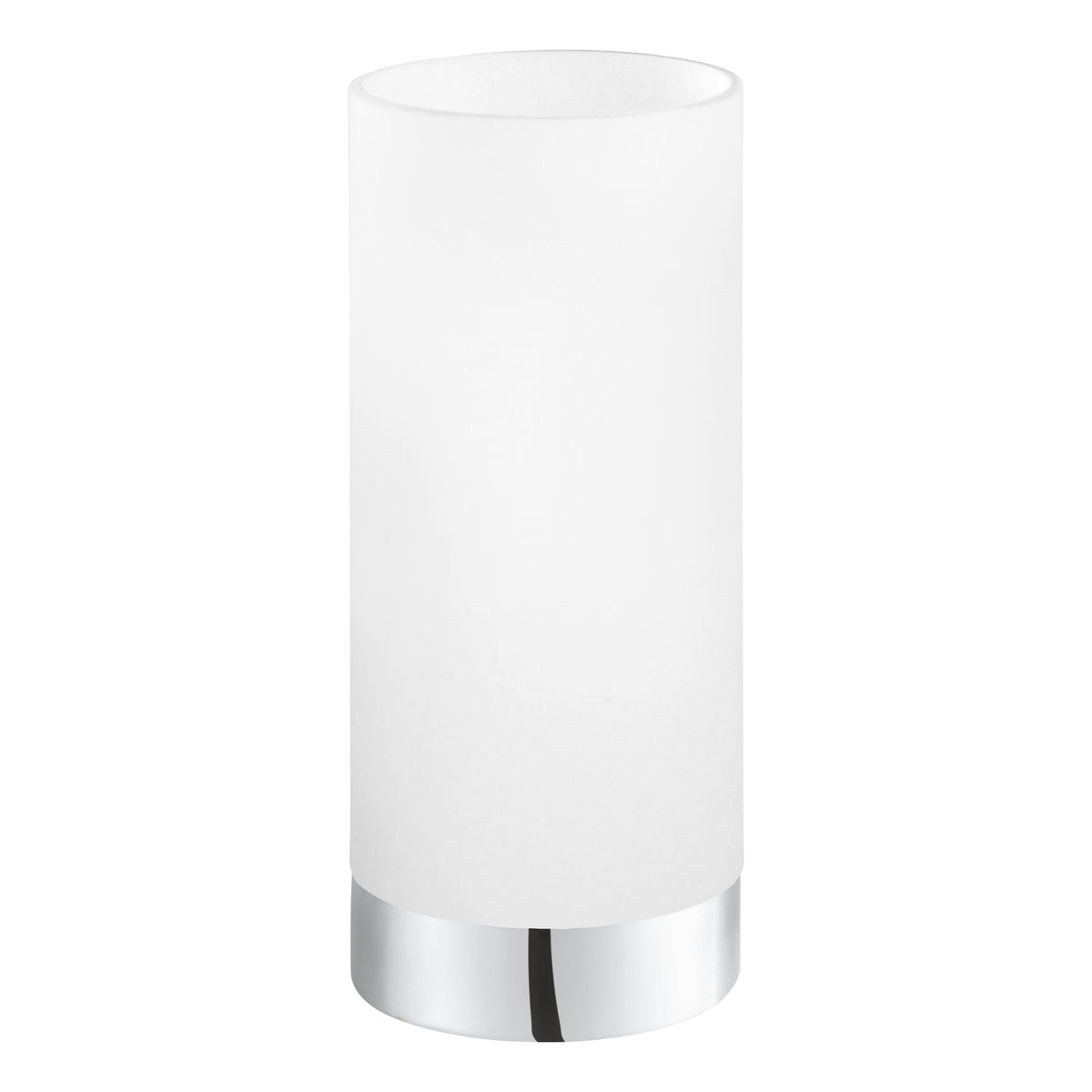 Vue en légère plongée du luminaire, cylindre blanc posé sur sa bague chromée.