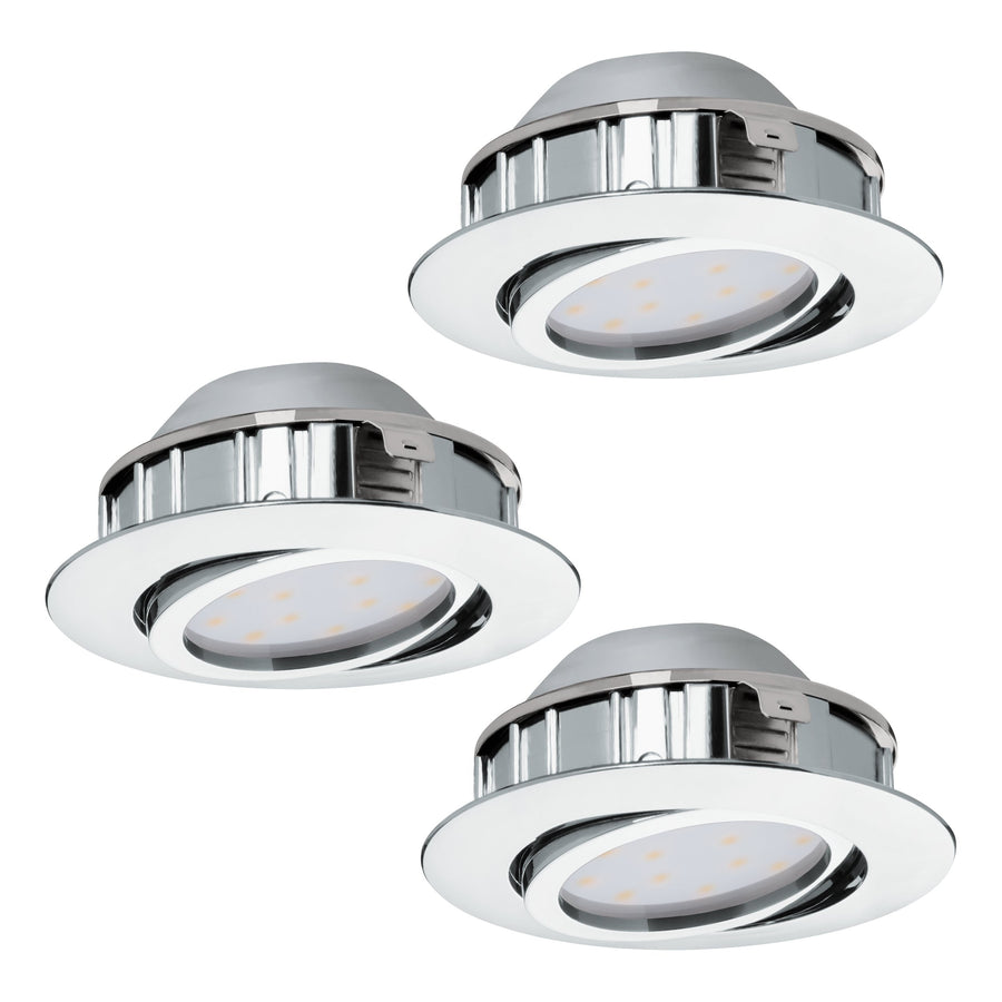 Vue éclatée du spot montrant collerette blanche, corps chromé et module LED