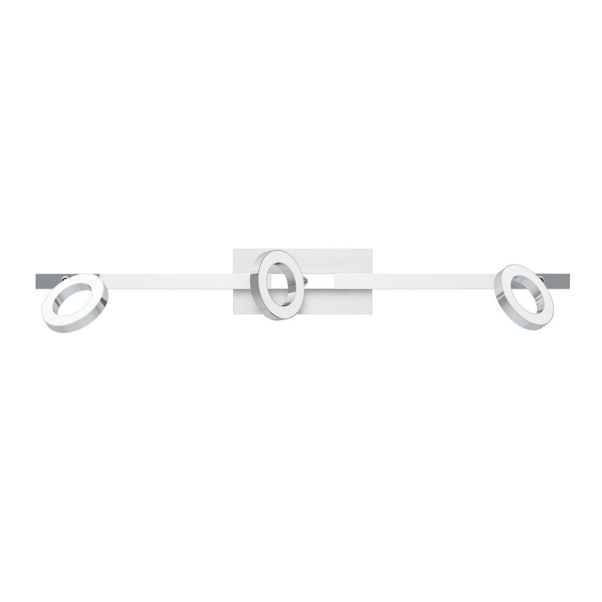 Vue de face du spot plafond trois anneaux, rail horizontal et base rectangulaire centrale en métal.