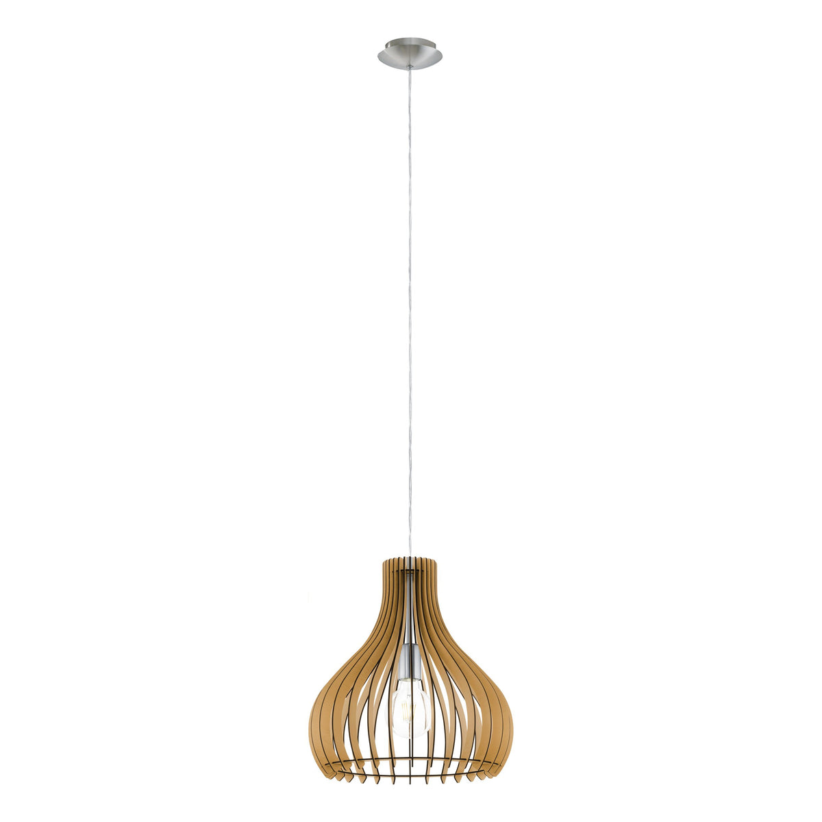 Présentation du luminaire sur fond blanc, mettant en valeur ses lamelles en bois.