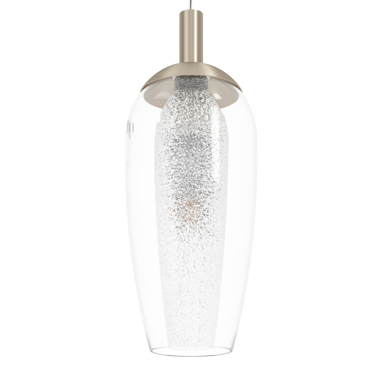 Détail de l'abat-jour ovale en verre clair et de la douille métal nickel