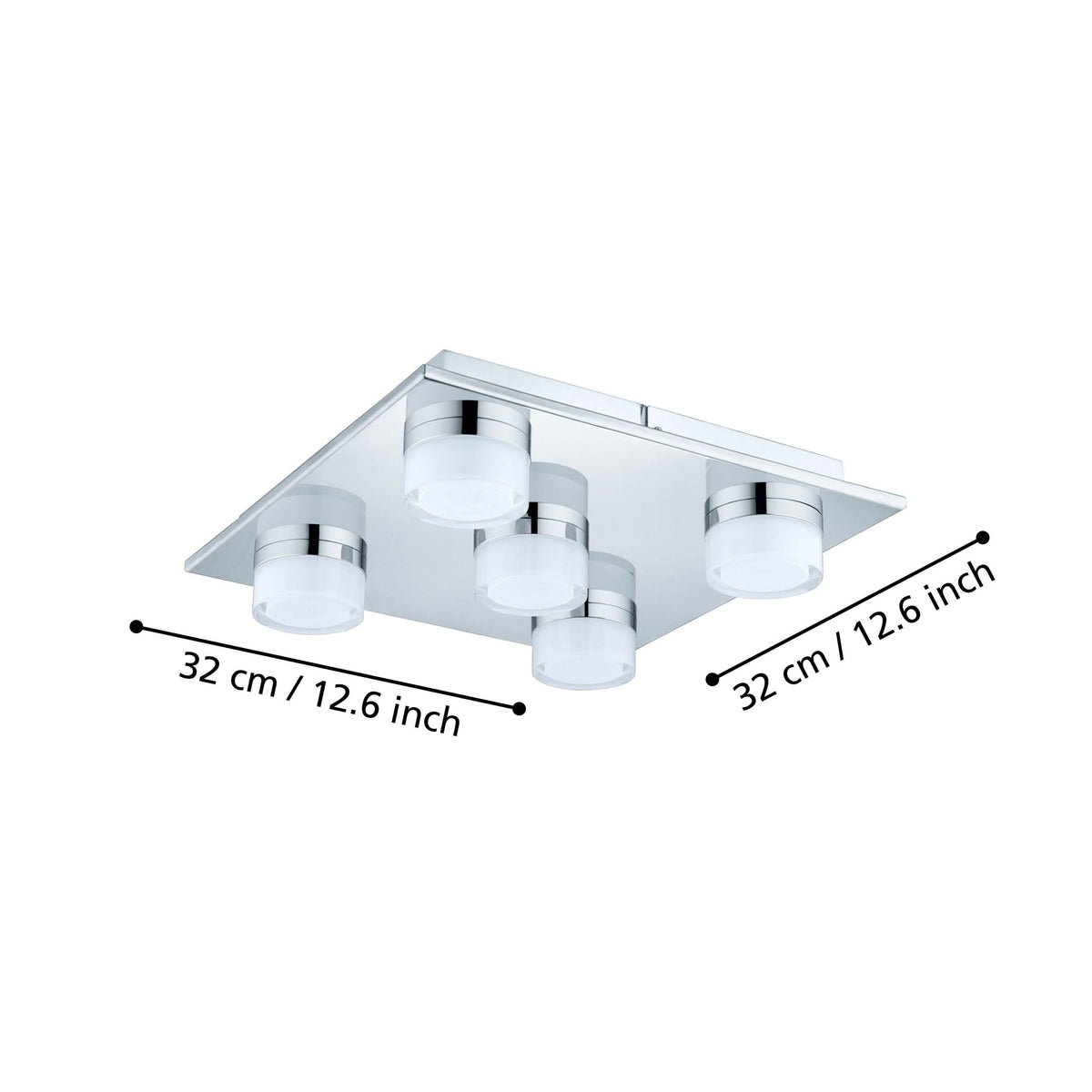Schéma de dimensions indiquant 32 cm de côté pour la plaque carrée du plafonnier.