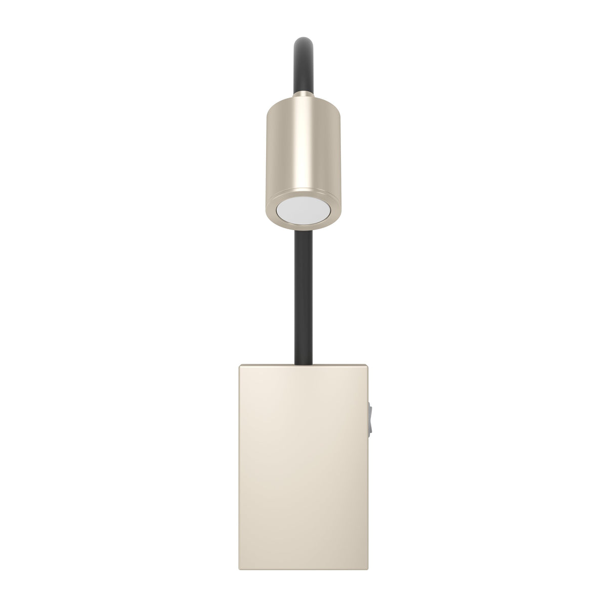 Vue de face du luminaire : bras souple dressé, tête cylindrique nickel et diffuseur blanc
