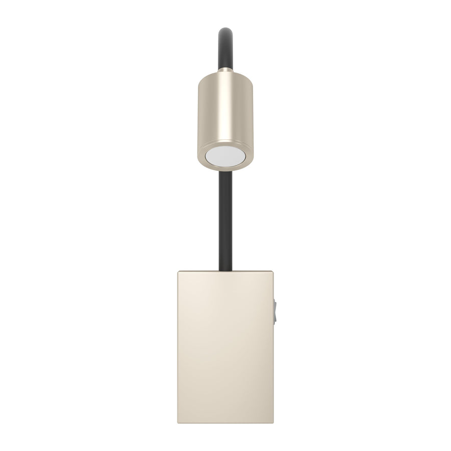Vue de face du luminaire : bras souple dressé, tête cylindrique nickel et diffuseur blanc